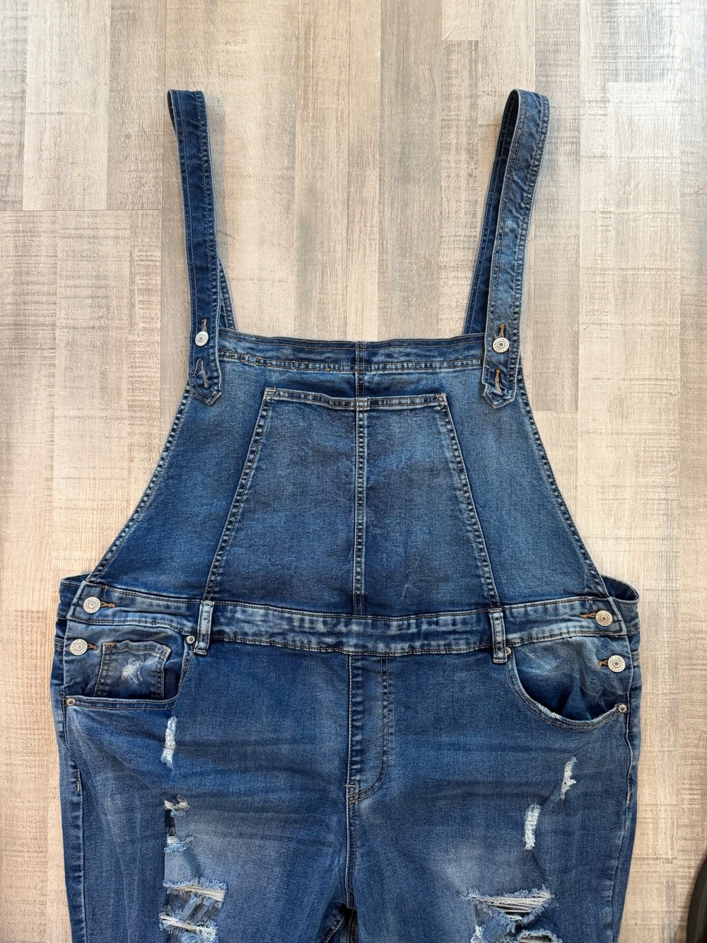Almost Famous Women’s Plus Size 24 Distressed Stretch Denim Overalls Blue Jeans